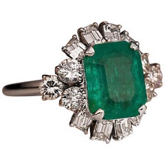 Mid-Century Emerald Diamond Platinum Ring