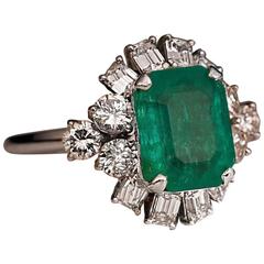 Mid-Century Emerald Diamond Platinum Ring 8
