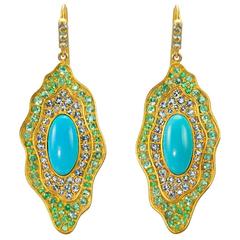 Sleeping Beauty Turquoise Aquamarine Emerald Gold Organic Earrings