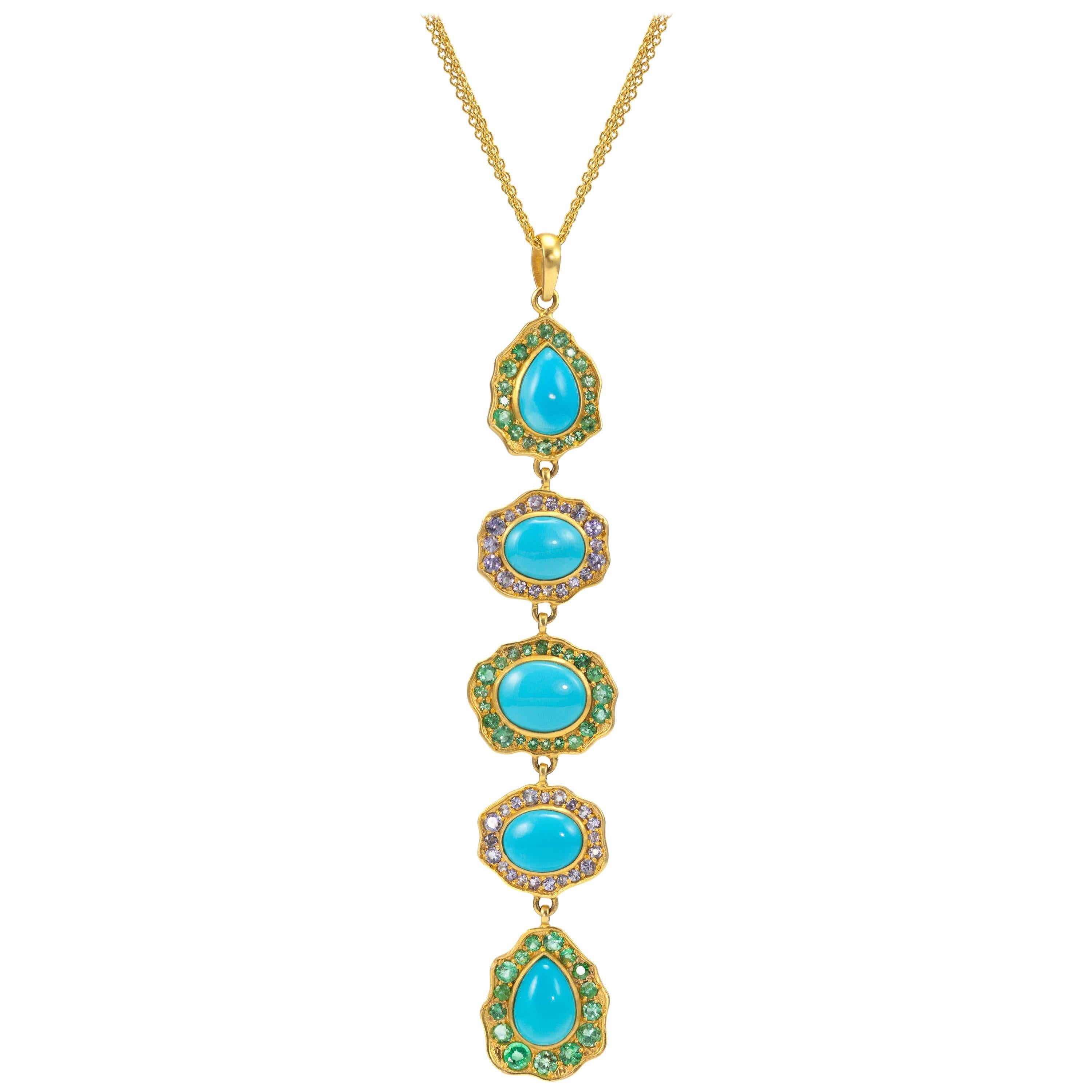 Lauren Harper Turquoise, Emerald, Tanzanite, Gold Drop Pendant Necklace
