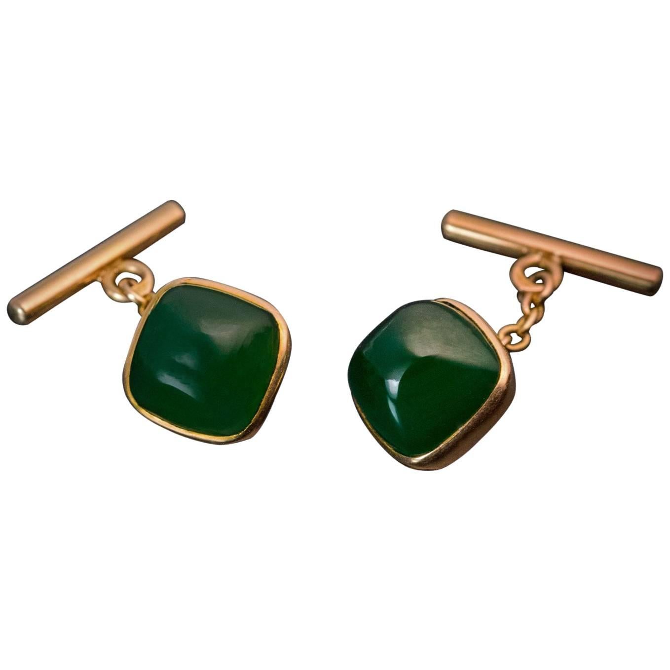 Antique Russian Gold Mounted Nephrite Jade Cufflinks