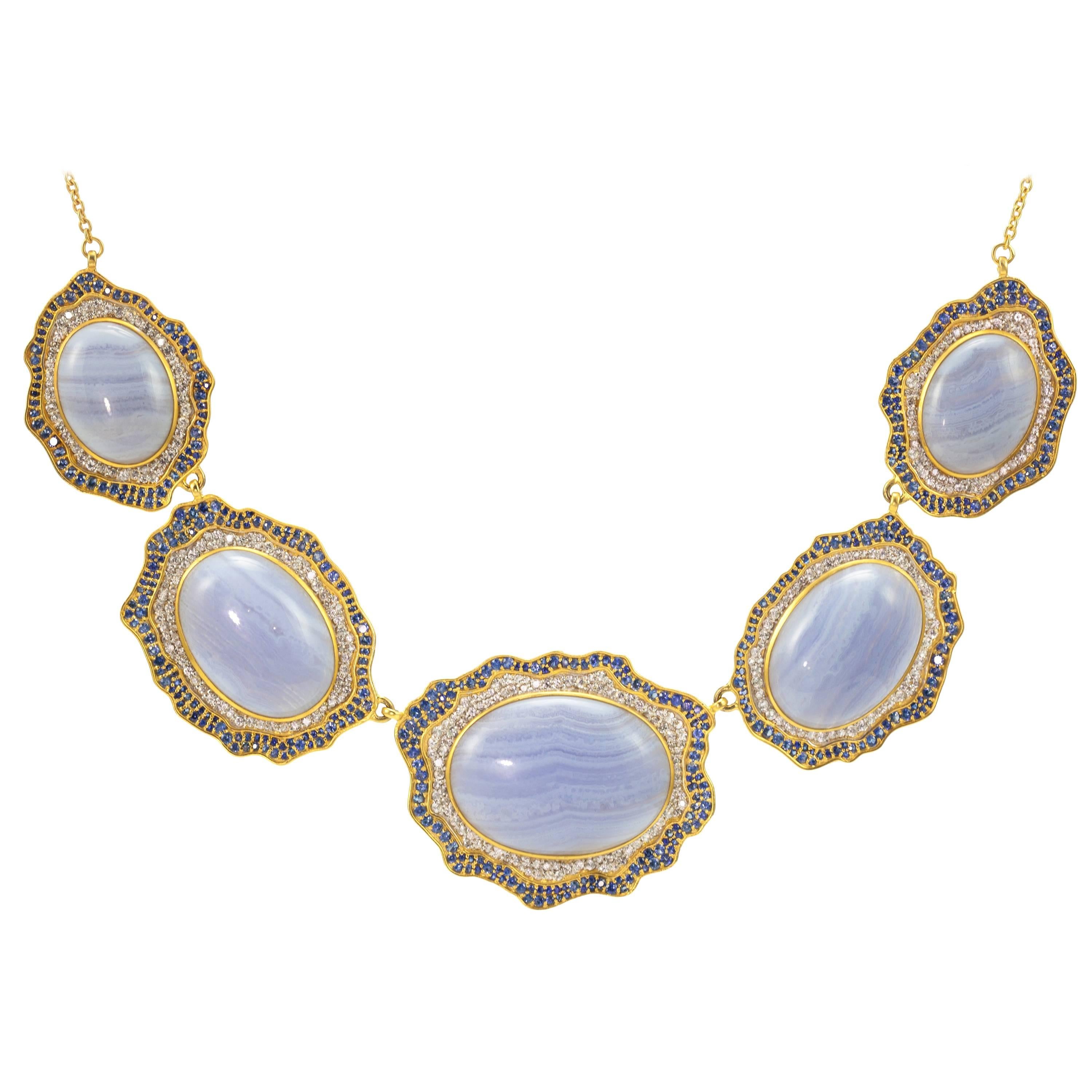 Lauren Harper Blue Agate, Sapphire, Gold Statement Necklace For Sale