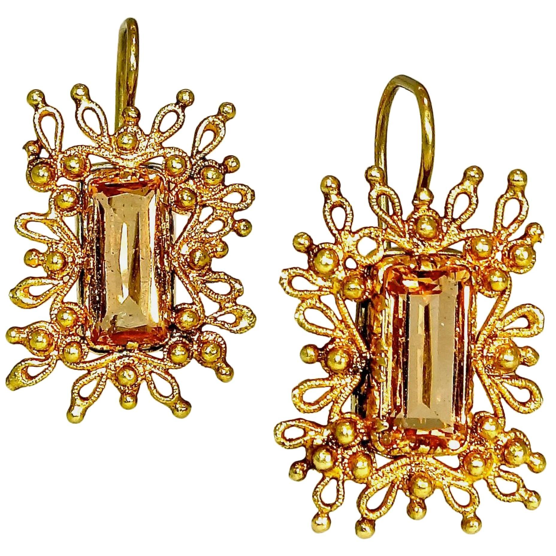 Antique Precious Topaz Cannetille Gold Earrings 