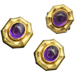 Amethyst Hammered Gold Earring and Ring Set