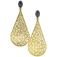 Black Diamond Textured Open Work Gold Drop Dangle Earrings Limited Edition