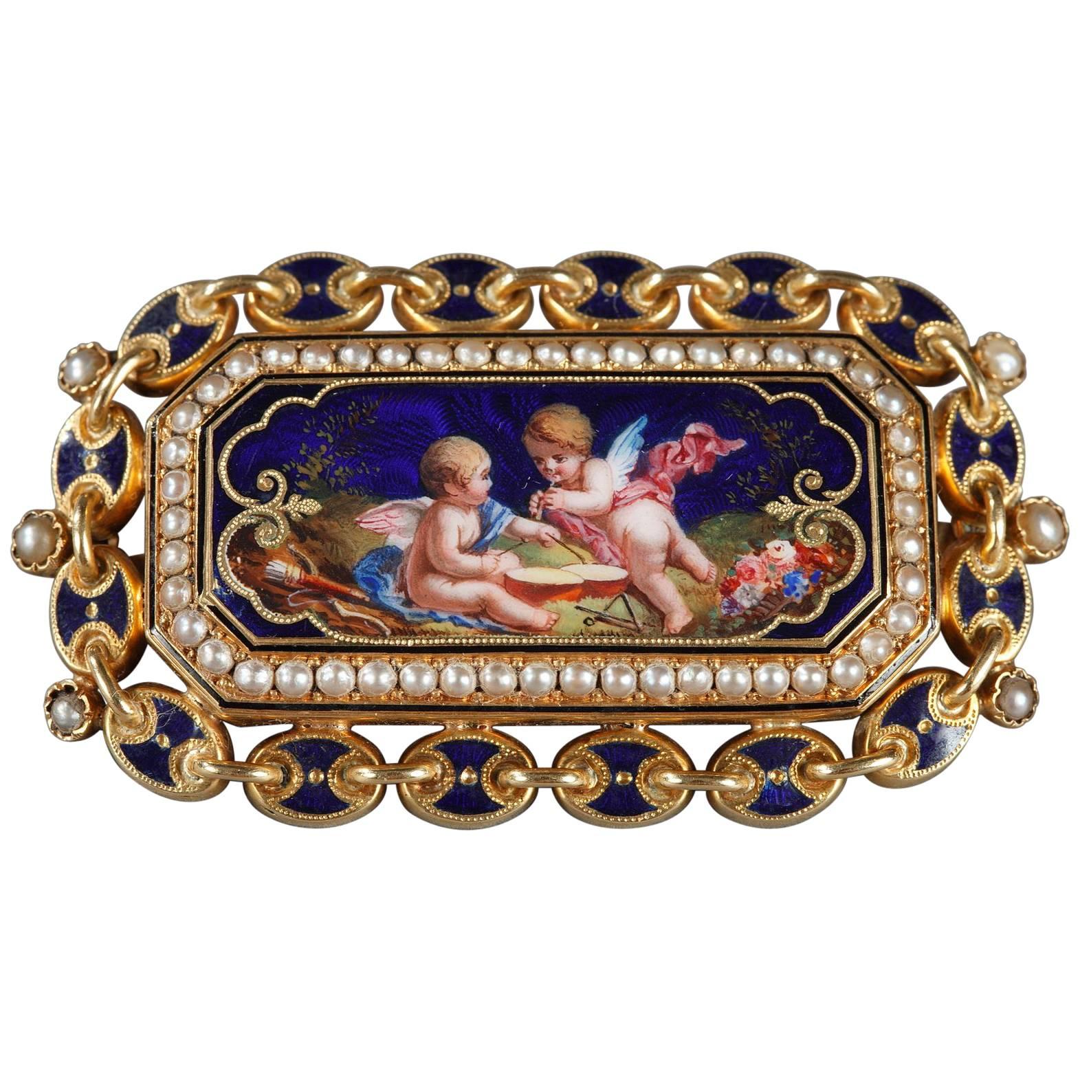 Mid-19th Century Enameled Gold Brooch For Sale