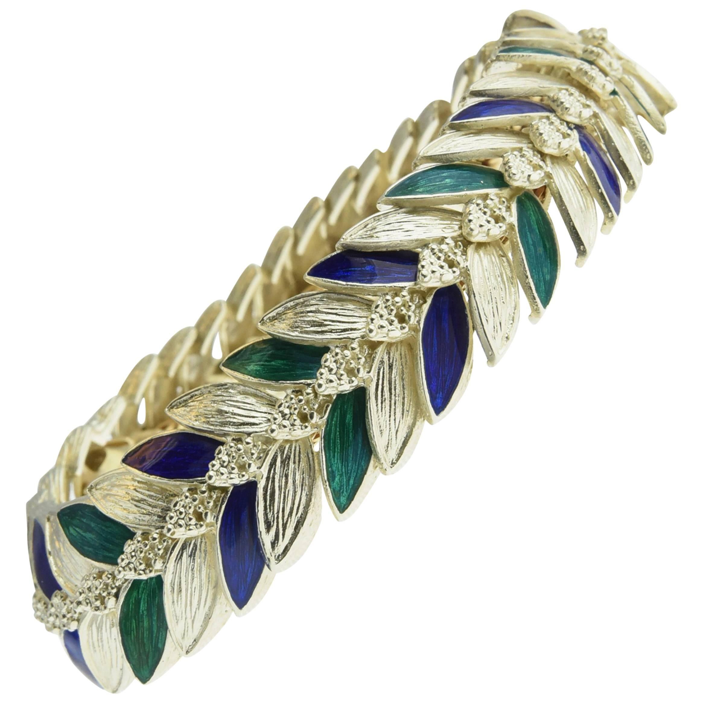 1970s Green and Navy Enamel Gold Leaf Bracelet