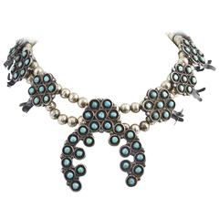 Vintage Turquoise Silver Squash Blossom Necklace