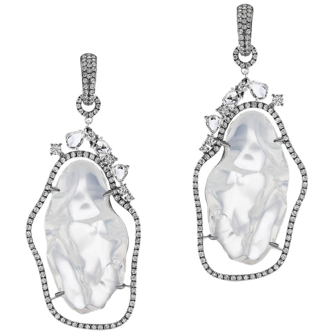 White Opal Fancy Cut Diamond and Pave Drop Earring For Sale