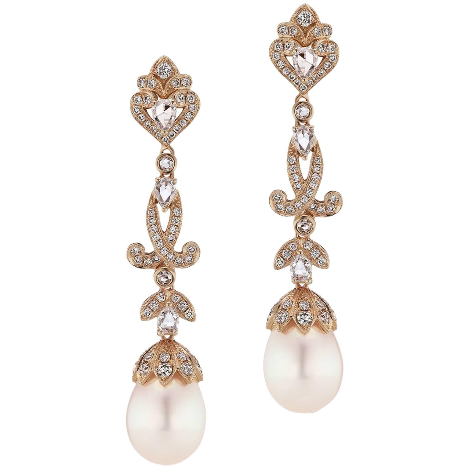 Yellow Gold Diamond and Pearl Drop Earrings For Sale