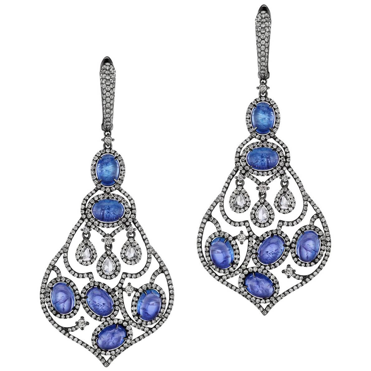 Oval Tanzanite Pear Shape Diamond Chandelier Earrings For Sale