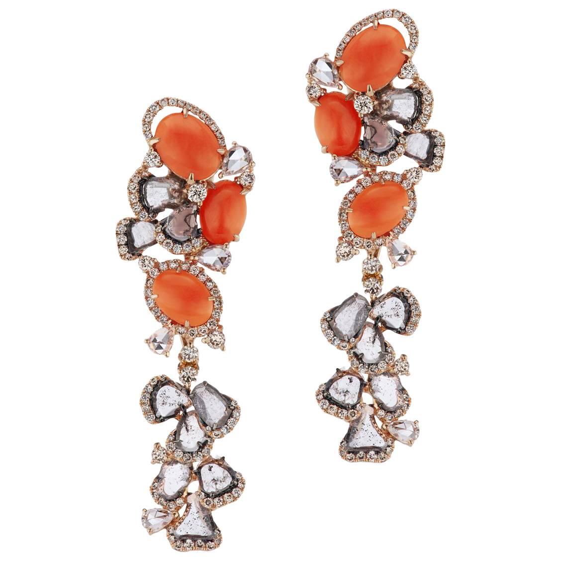 Coral Sliced Diamond Dangle Earring For Sale