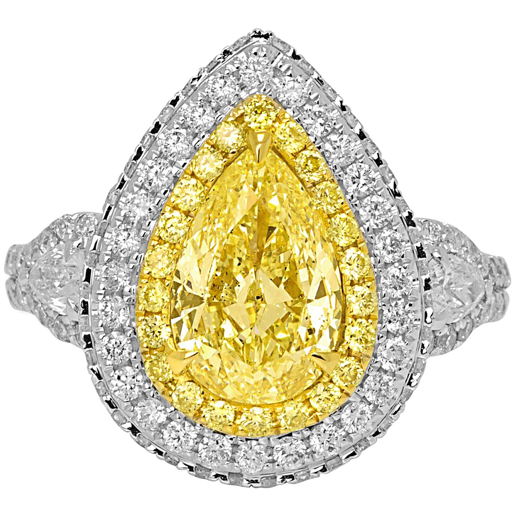 Certified Yellow Diamond Halo Two Color Gold Three Stone Bridal Cocoktail Ring