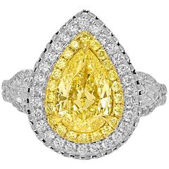 Certified Fancy Light Yellow Diamond Double Halo Two Color Gold Ring 12