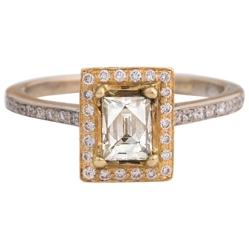 1990s Tycoon Cut Diamond White and Yellow Gold Ring