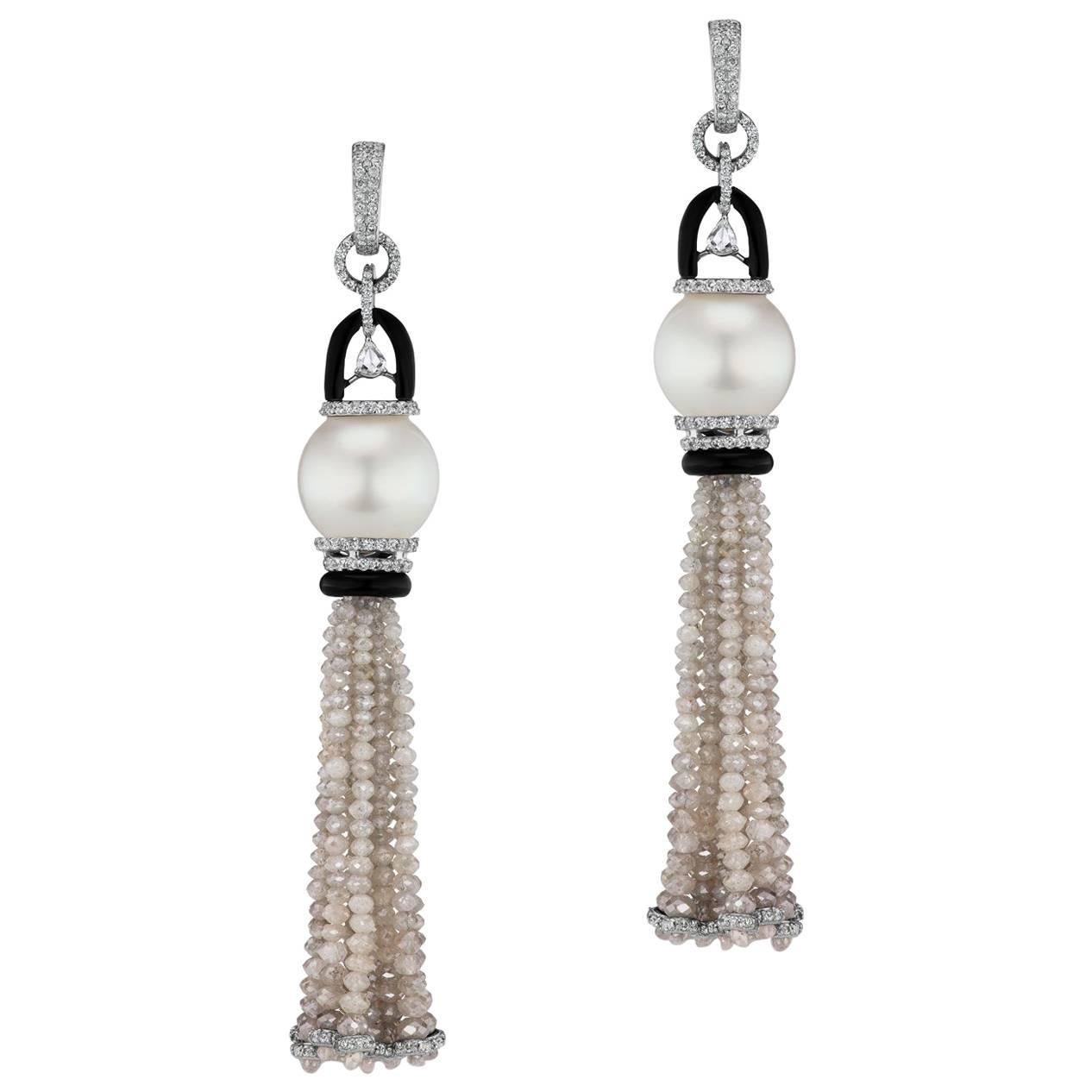 South Sea Pearl Grey and White Diamond Tassel Earring For Sale