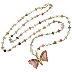 Pink Green Watermelon Tourmaline Gold Butterfly Necklace