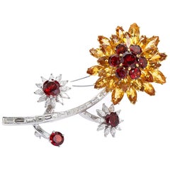  Diamond Garnet and Orange Gems Flower Platinum Brooch