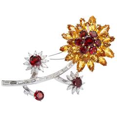 Diamond Garnet and Orange Gems Flower Platinum Brooch 4