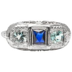 Art Deco Aquamarine Sapphire White Gold Ring