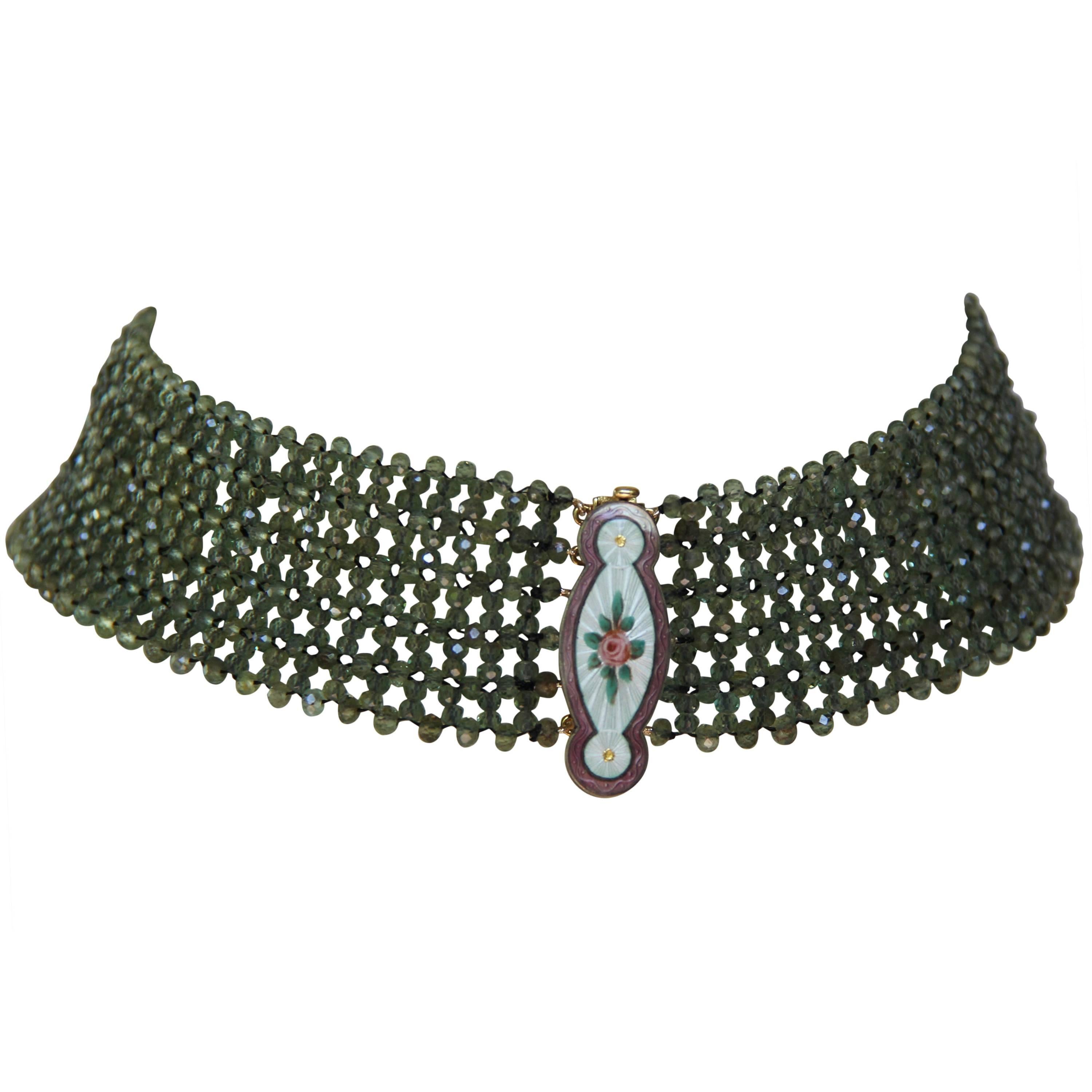 Marina J Green Apatite Choker Necklace with Silver vintage Enamel Clasp For Sale