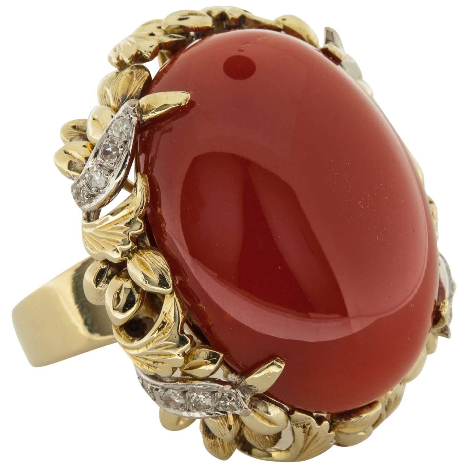 1950s Red Coral Diamond  Yellow Gold Ring For Sale
