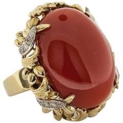 1950s Red Coral Diamond  Yellow Gold Ring