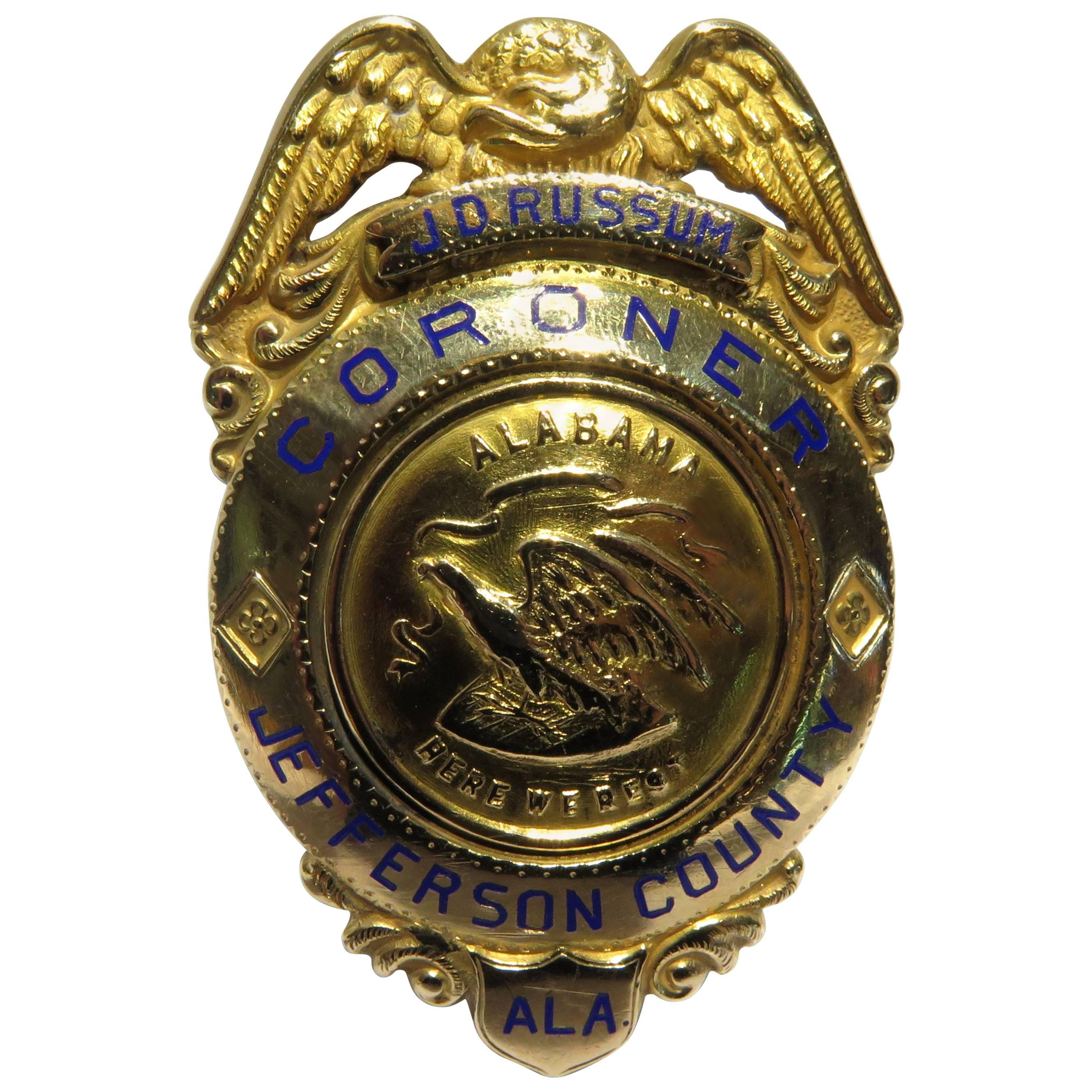 J.D. Russum Gold Coroner Jefferson County Al Badge 'Part of Alabama History' For Sale