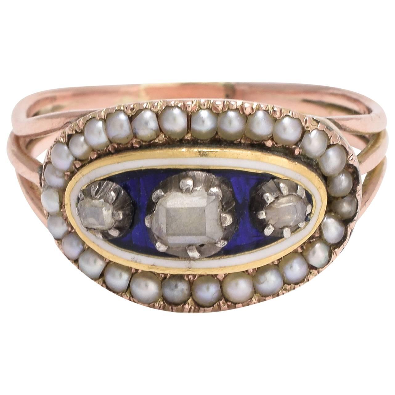 Georgian Blue Enamel and Table Cut Diamond Ring with Seed Pearl Border