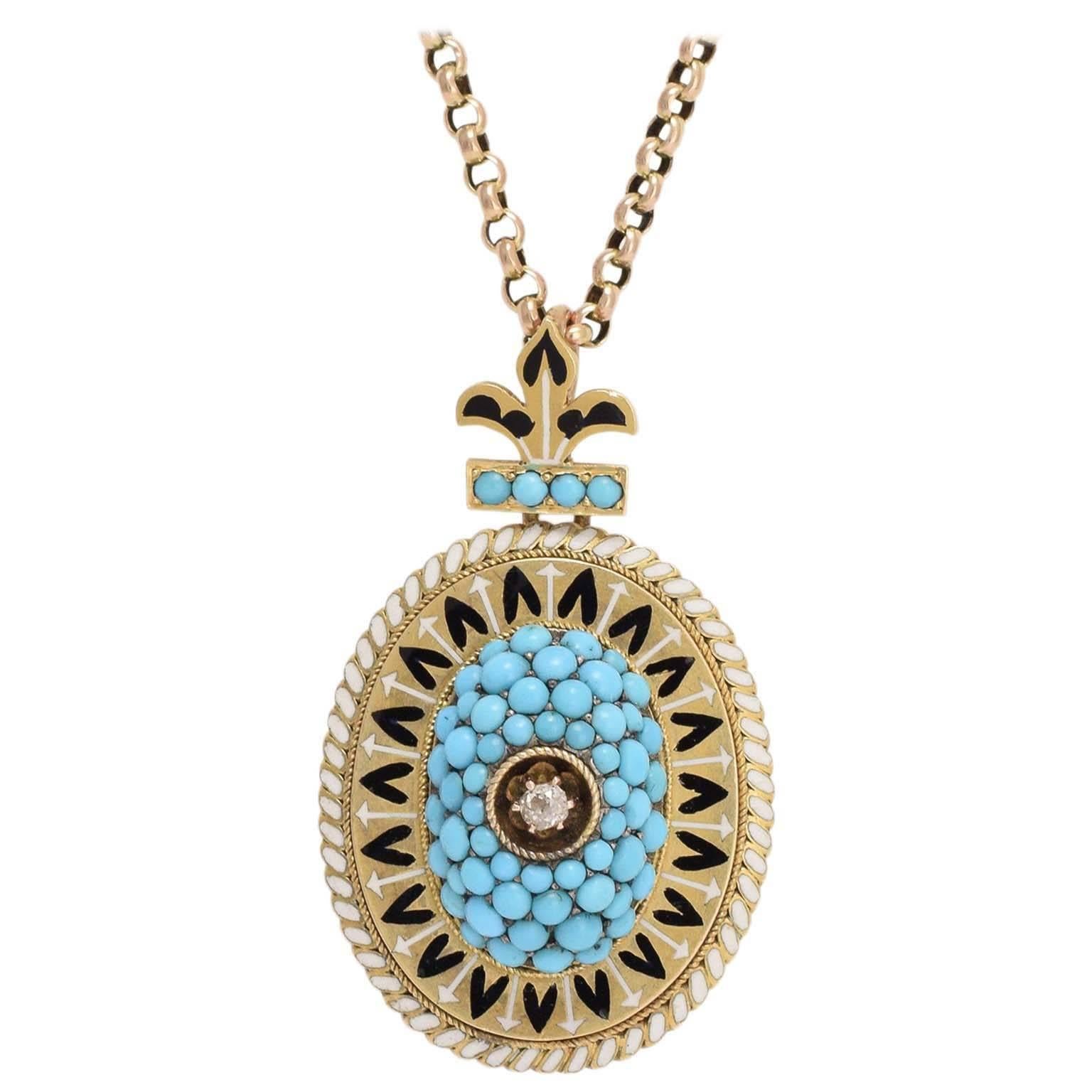 Victorian Fleur de Lis Turquoise, Enamel and Diamond Locket Necklace For Sale