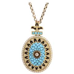 Victorian Fleur de Lis Turquoise, Enamel and Diamond Locket Necklace