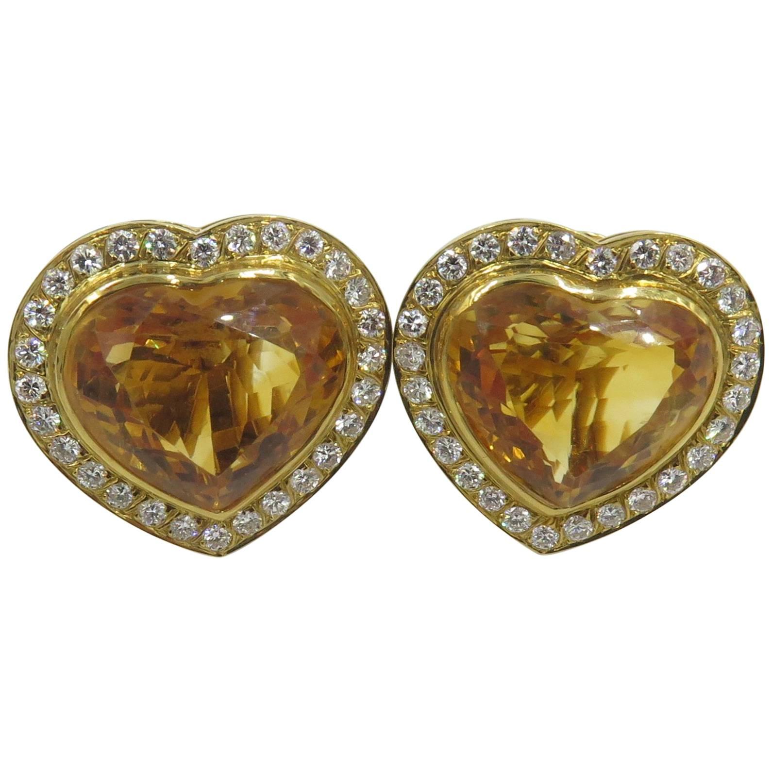 Pair of Citrine and Diamond Heart Shaped Earrings