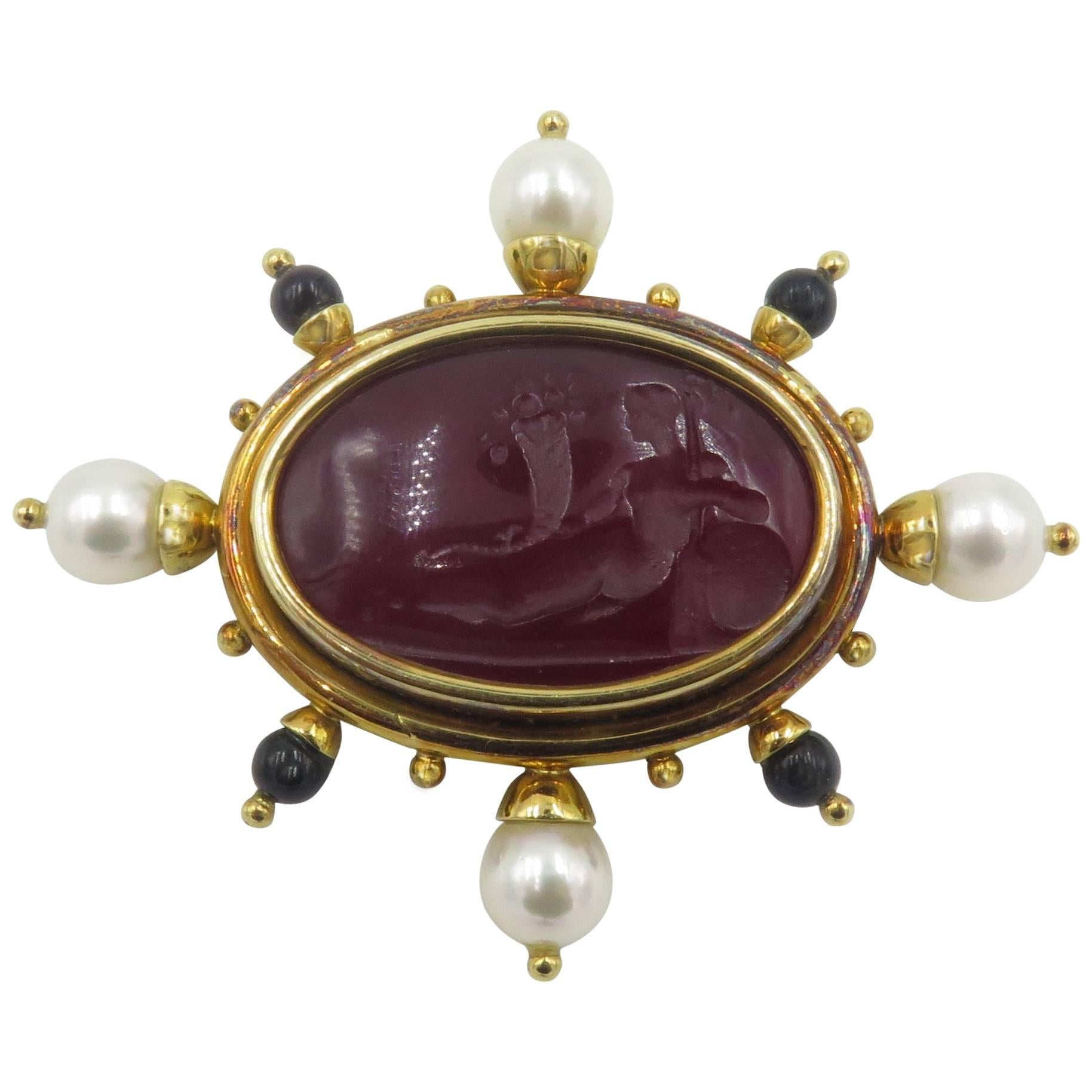 Elizabeth Locke Red Venetian Glass  Mother-of-Pearl Onyx  Gold Brooch