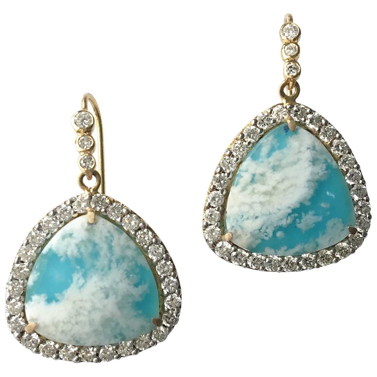 Lauren Harper 1.52 Carat Diamonds Sea Agate on Turquoise Gold Drop Earringss For Sale