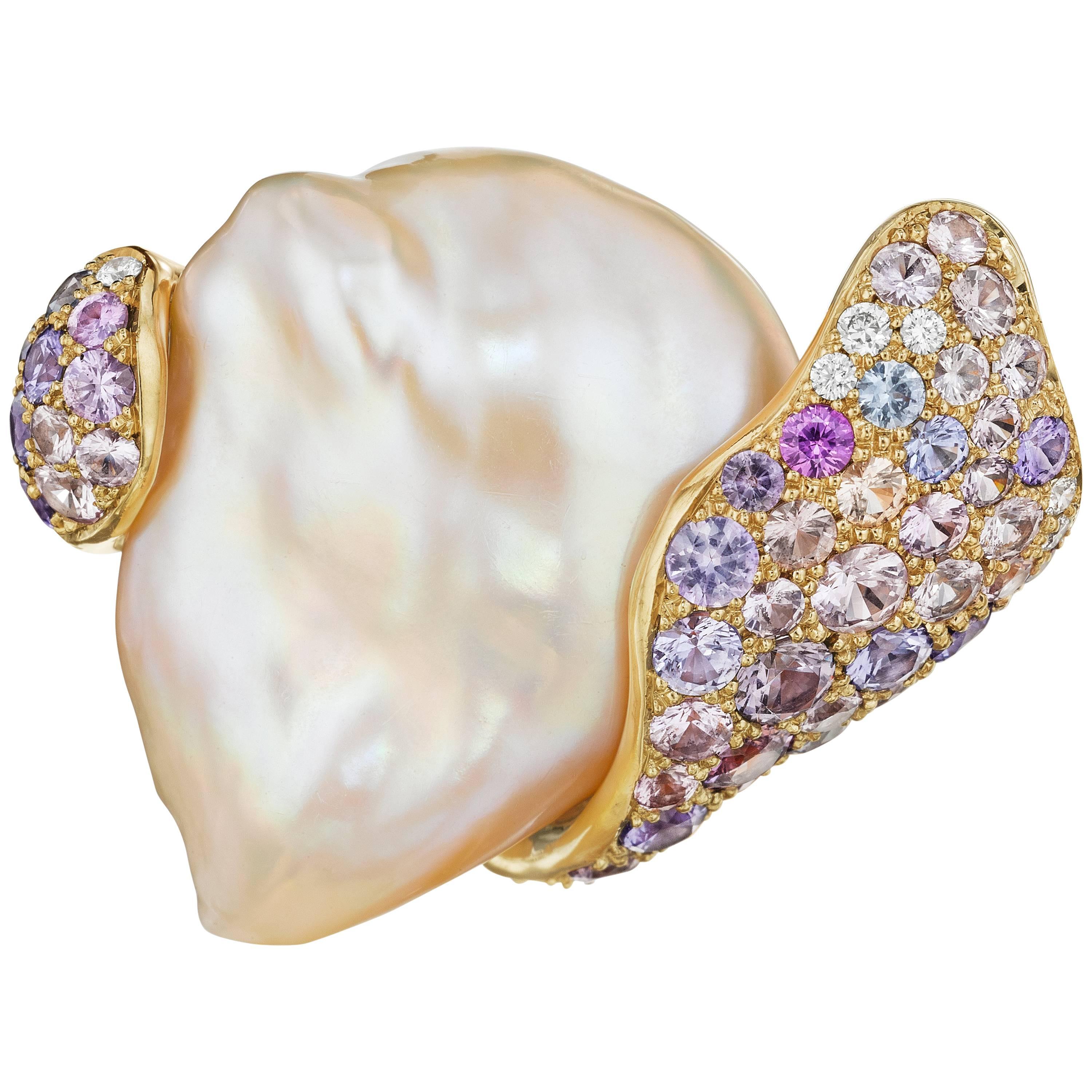 Naomi Sarna Chinese Pearl Diamond Sapphire Gold First Wave Brooch For Sale
