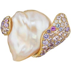 Naomi Sarna Chinese Pearl Diamond Sapphire Gold First Wave Brooch