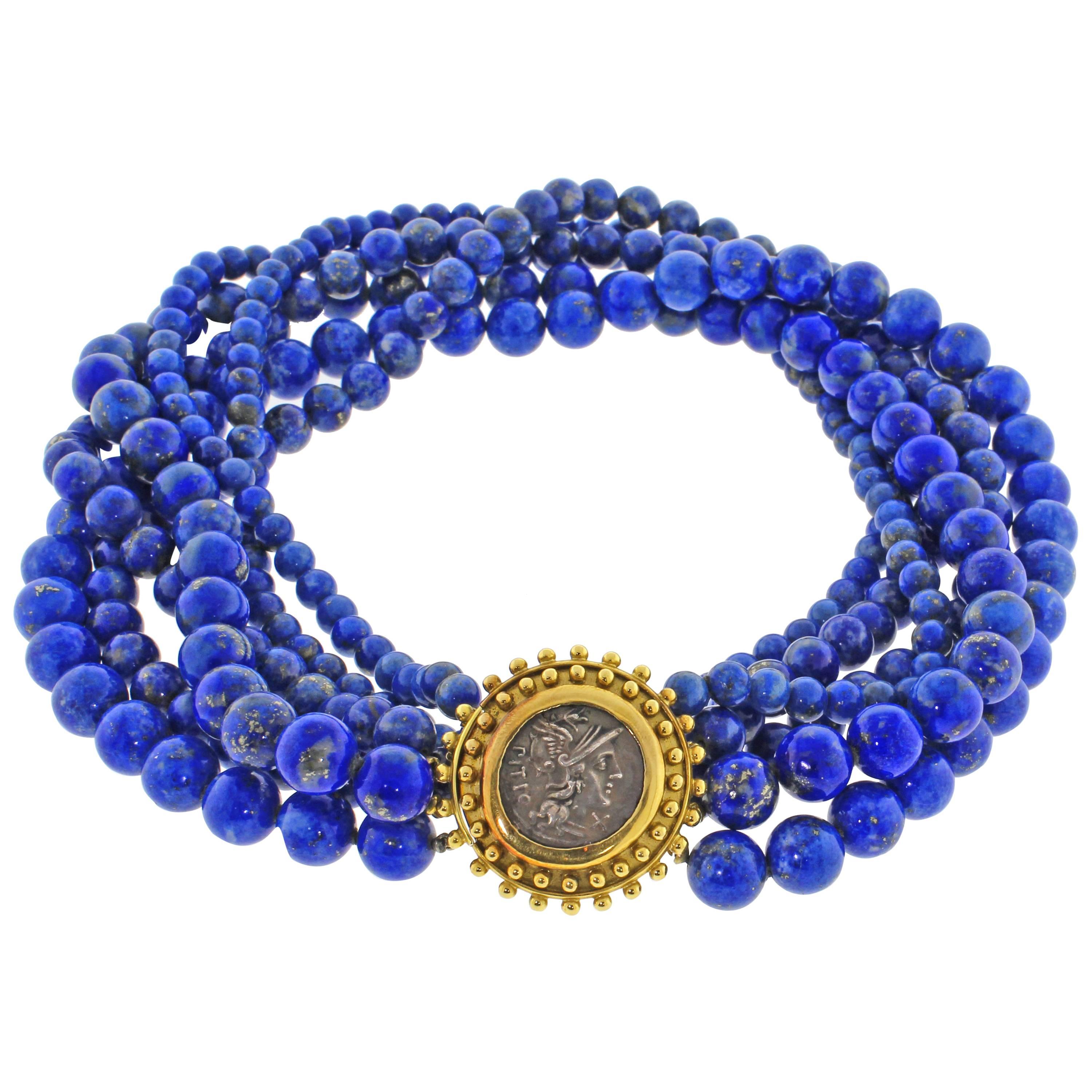 Elizabeth Locke Lapis Bead and Ancient Coin Necklace