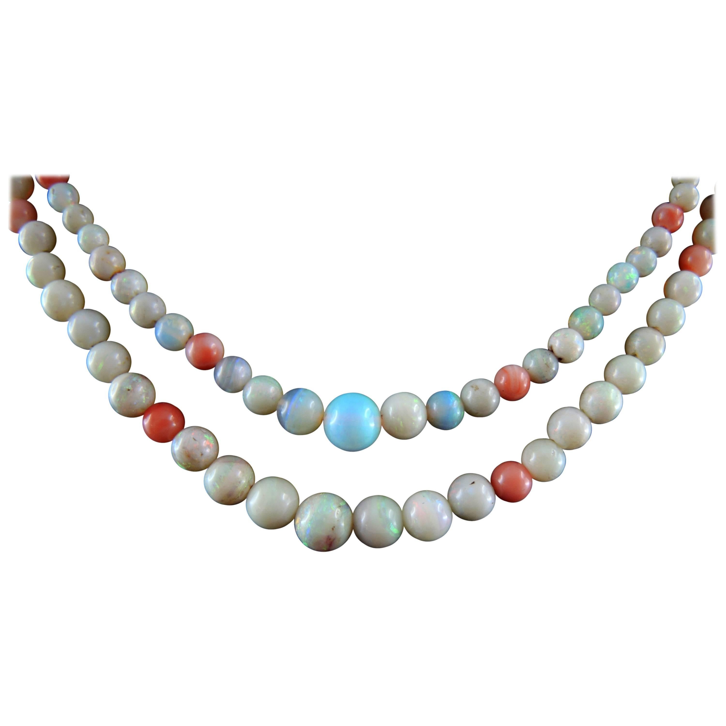Art Deco Necklace with Opal and Coral, circa 1930 For Sale