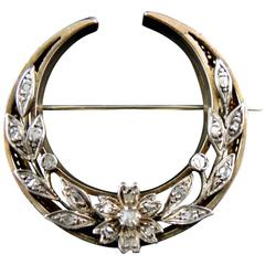 Antique Crescent Moon Brooch with Diamonds, Gold and Silver, Napoléon III