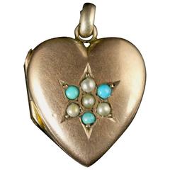 Antique Victorian Heart Locket Turquoise and Pearl, circa 1880