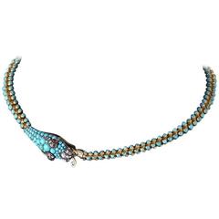 Antique English Turquoise, Diamond, Ruby and Gold Serpent Necklace