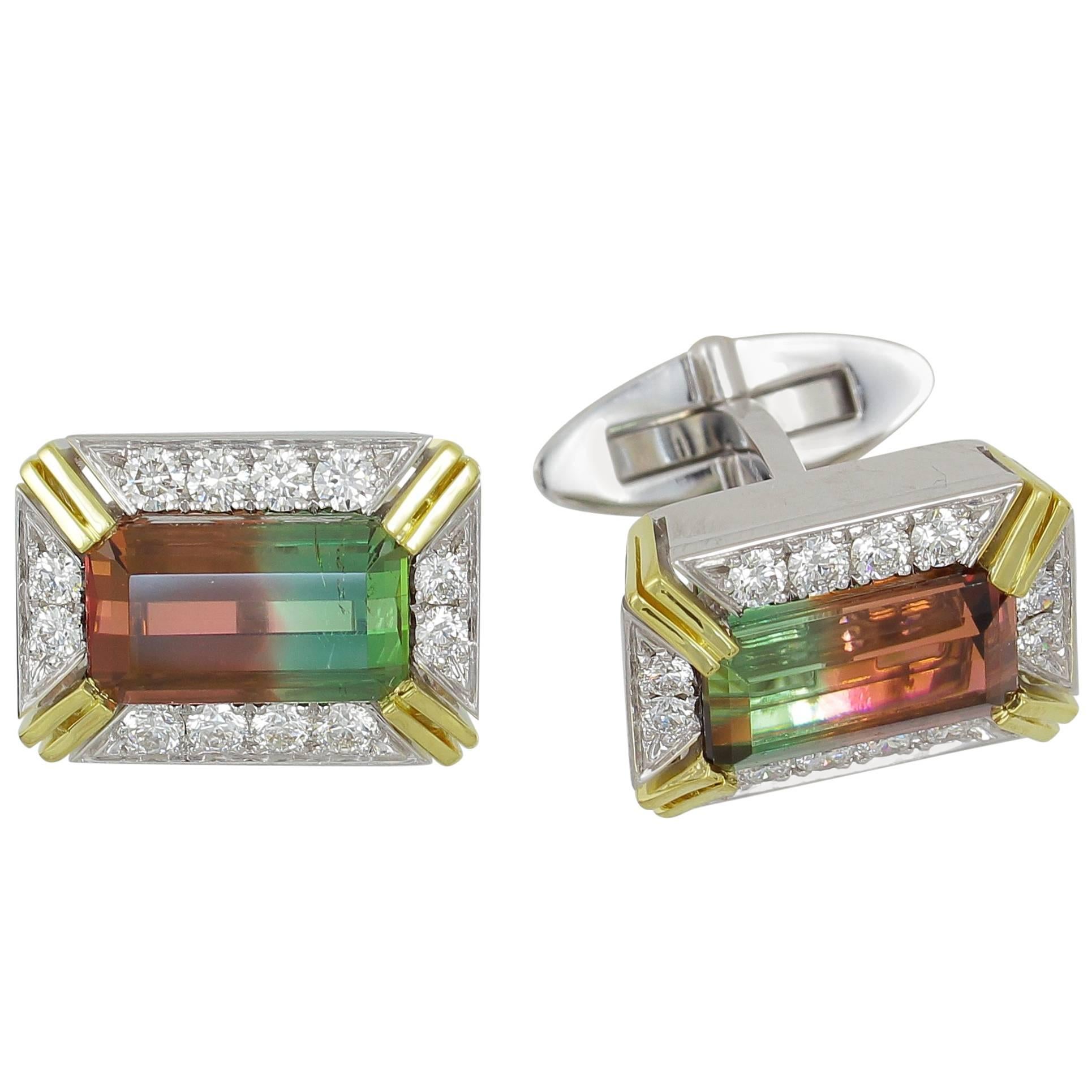 Frederic Sage 9.29 Carat Watermelon Tourmaline White and yellow gold Cufflinks For Sale