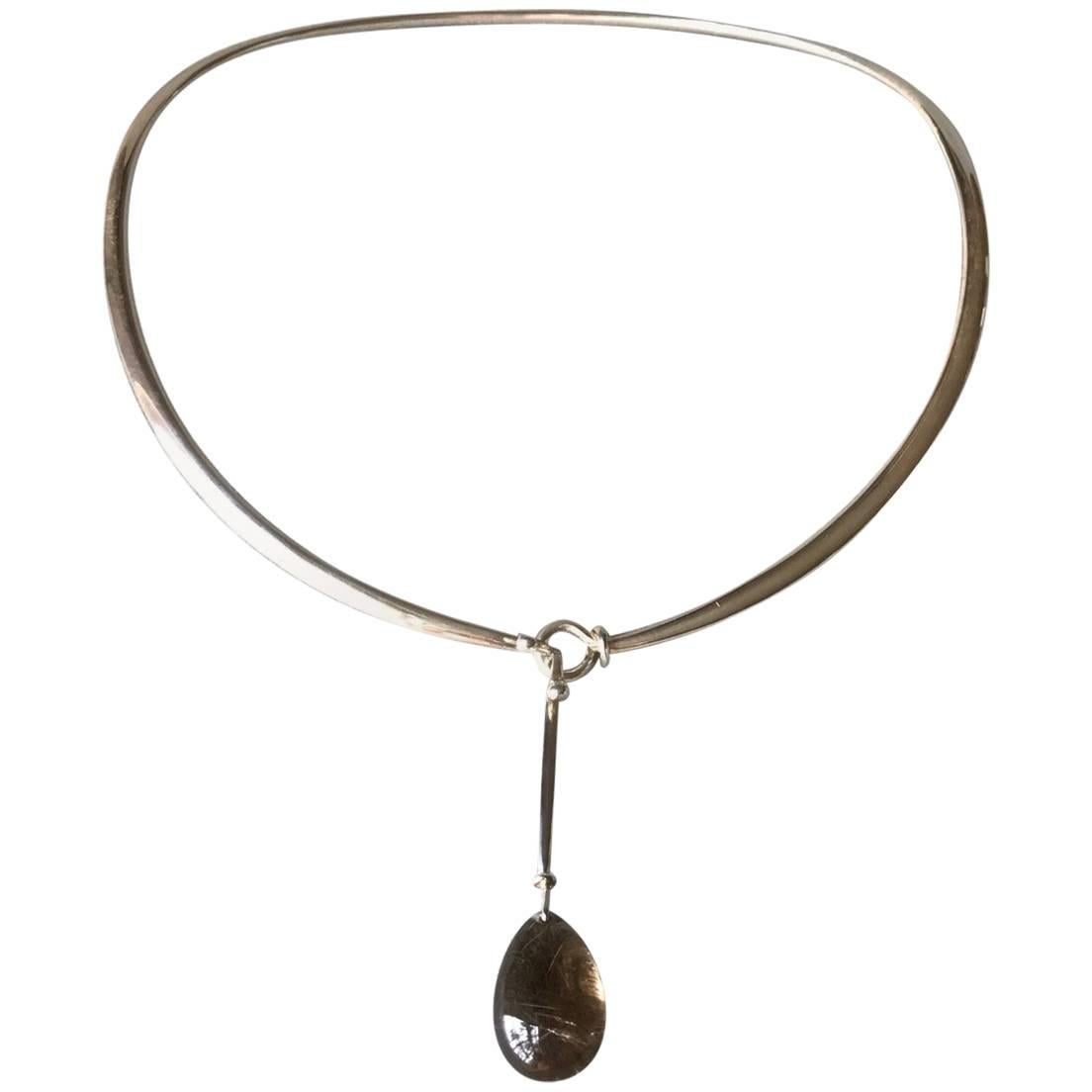Georg Jensen Neck Ring No 410 with Rutilated Quartz Drop No. 128 For Sale