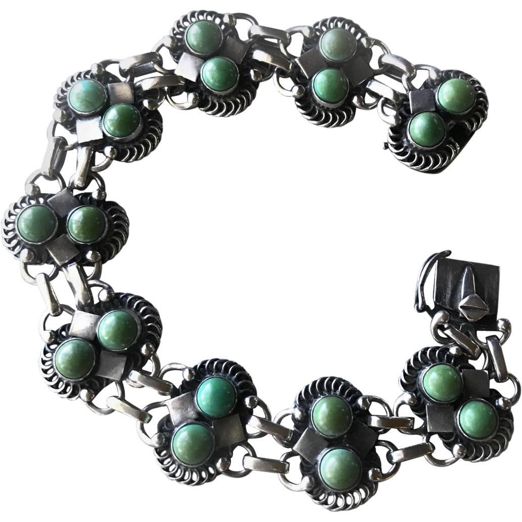 Georg Jensen Sterling Silver Bracelet No 8 with Turquoise Cabochon Stones  For Sale