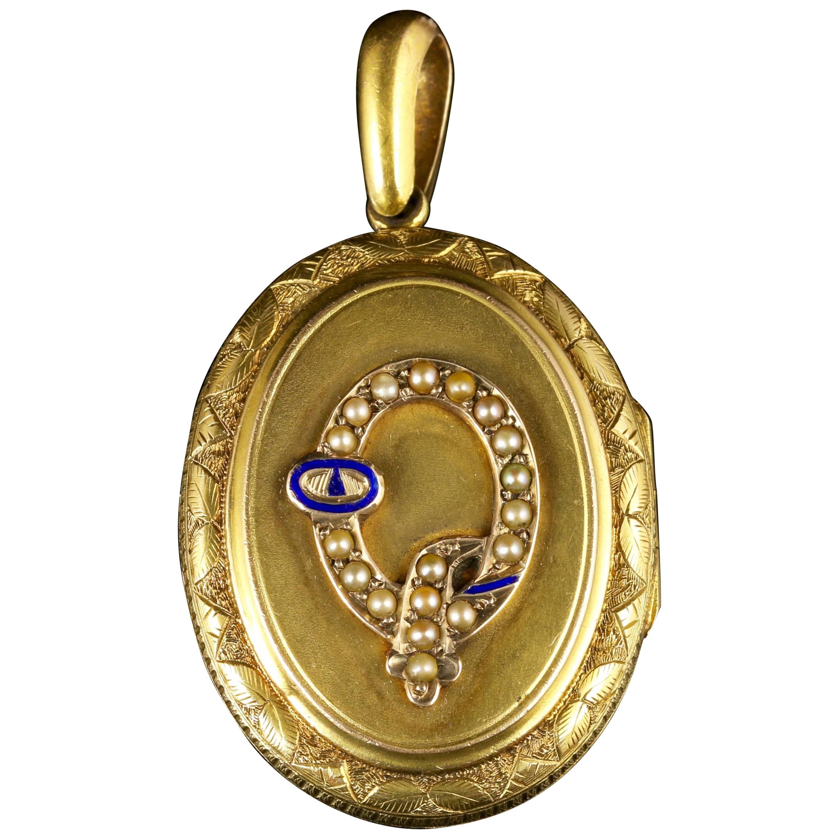 Antique Victorian Gold Locket Large Pearl and Enamel Buckle 15 Carat Gold