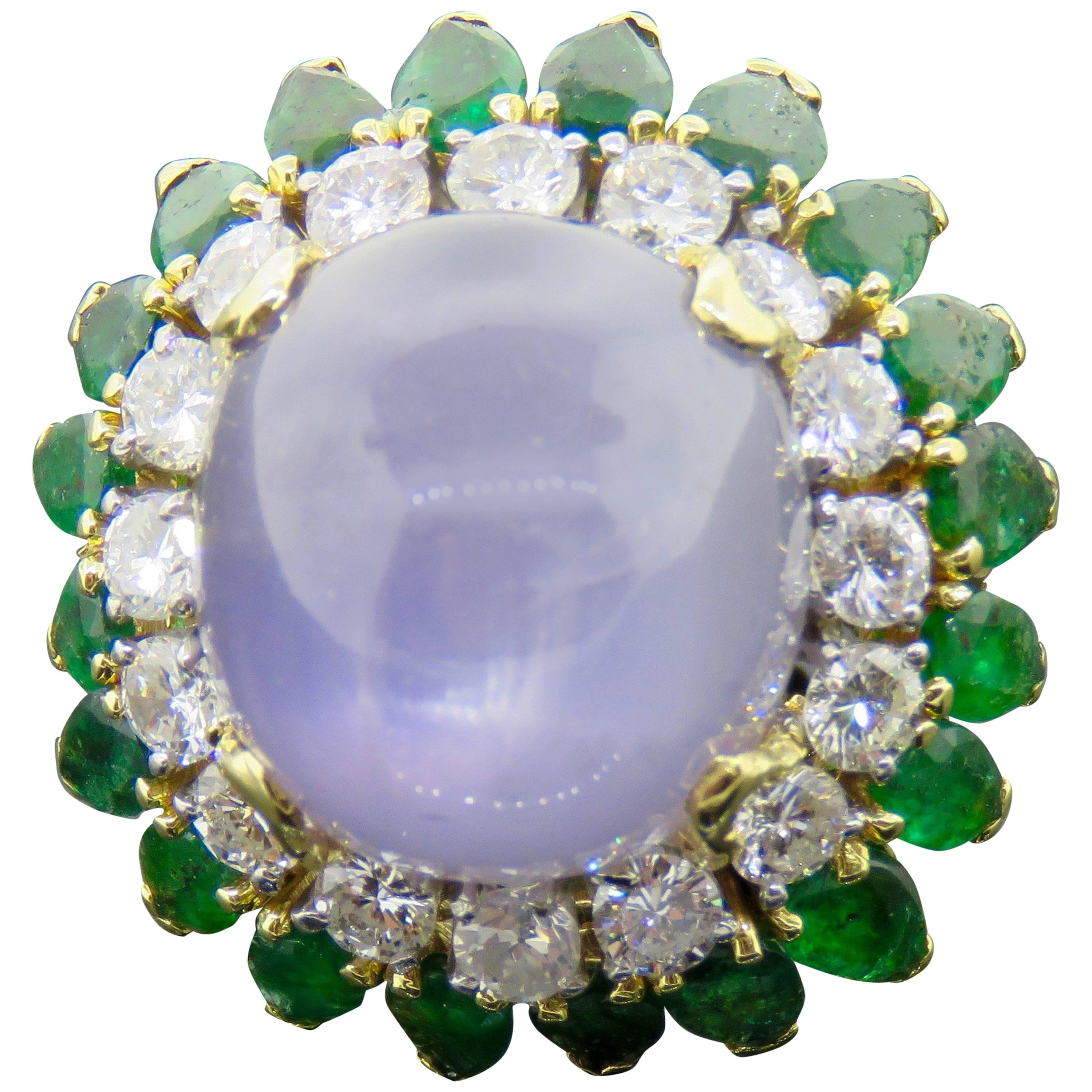 Large Star Sapphire, Emerald and Diamond Yellow Gold Ring