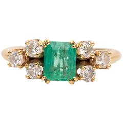 1950s Colombian Emerald Diamond Yellow Gold Ring
