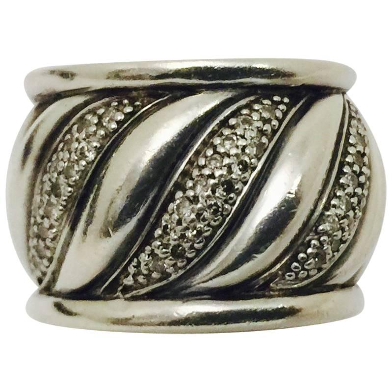 David Yurman Wide Diamond Sterling Silver Band Style Ring For Sale
