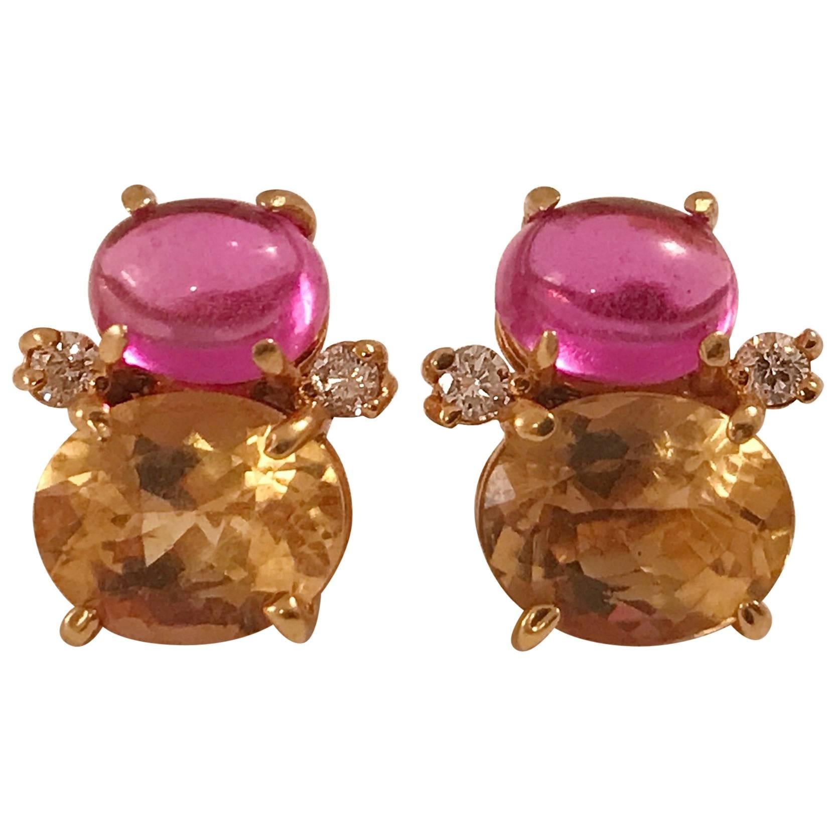 Mini GUM DROP Cabochon Pink Topaz and Faceted Citrine Diamond Gold Earrings For Sale