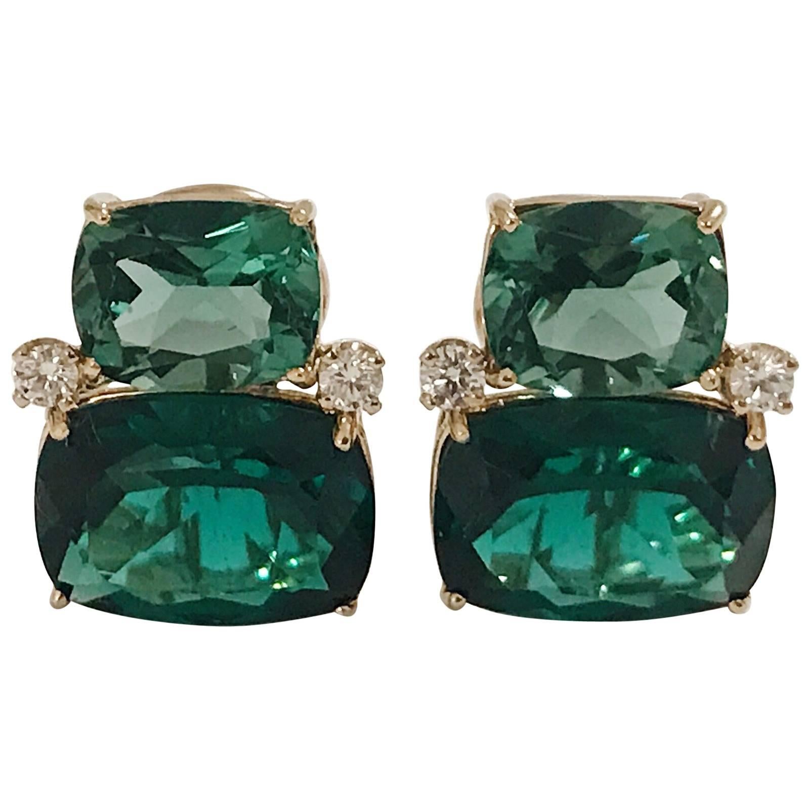 Gelbgold-Ohrringe mit doppeltem Kissenschliff, grünem Granat, Stein und Diamant im Angebot